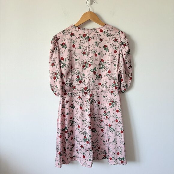 Zara Satin Effect Rose Floral Button Front Short Sleeve Dress Pink Size Medium - Picture 7 of 9